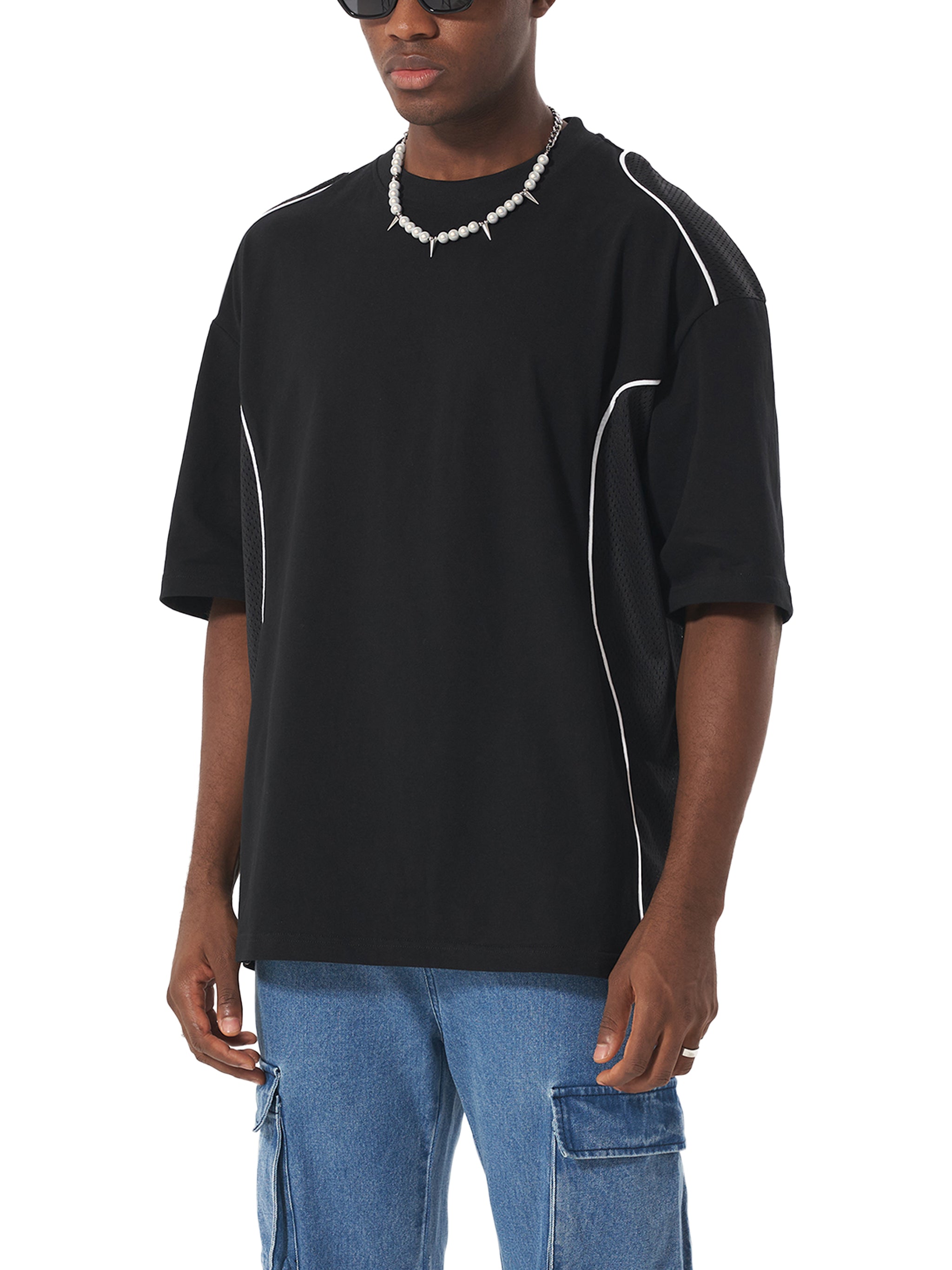 Contrast-Piped Panel Tee — 240 GSM